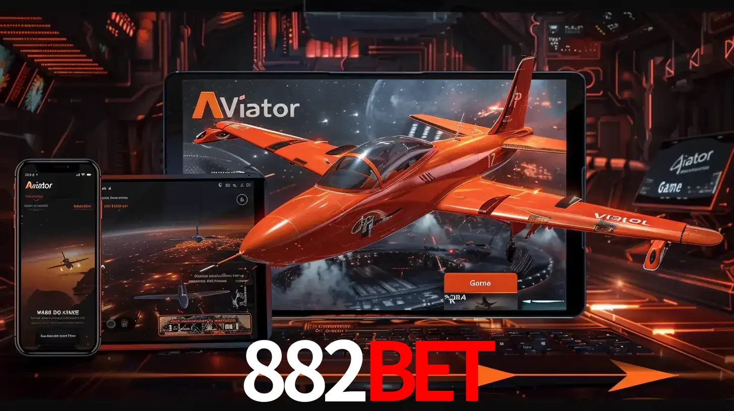 Apresentação tecnológica do jogo Aviator com um avião saindo da tela de um tablet, demonstrando a experiência imersiva em múltiplos dispositivos no 882BET.