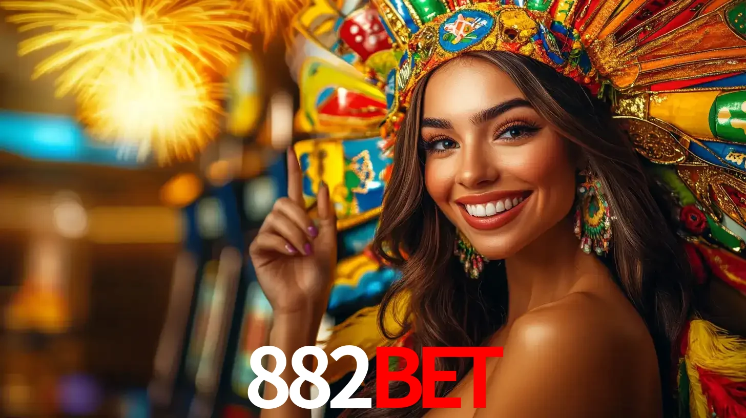 Mulher sorridente com um cocar de carnaval vibrante e colorido, celebrando uma grande vitória nos jogos do cassino 882BET com fogos de artifício ao fundo.