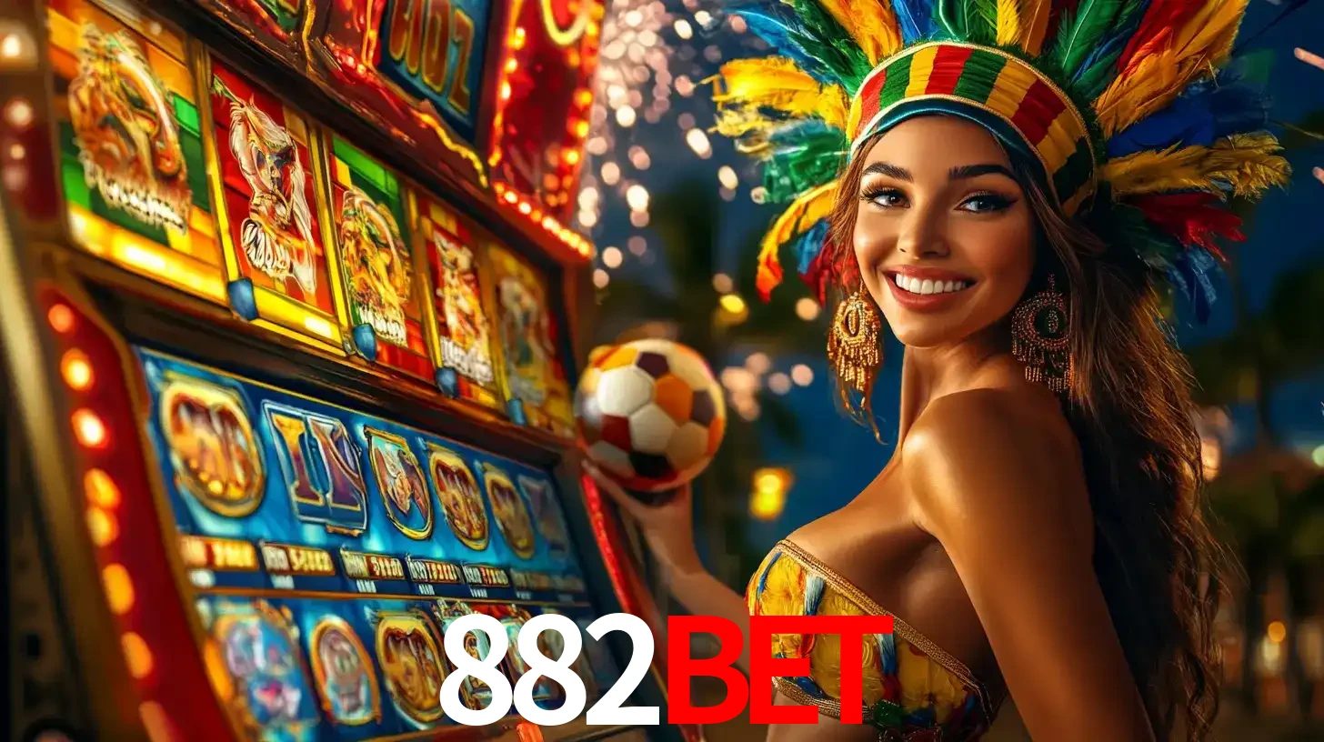 Mulher com um cocar de carnaval ao lado de uma máquina de caça-níqueis enquanto segura uma bola de futebol, mostrando a união da diversão de cassino e esportes no 882BET.