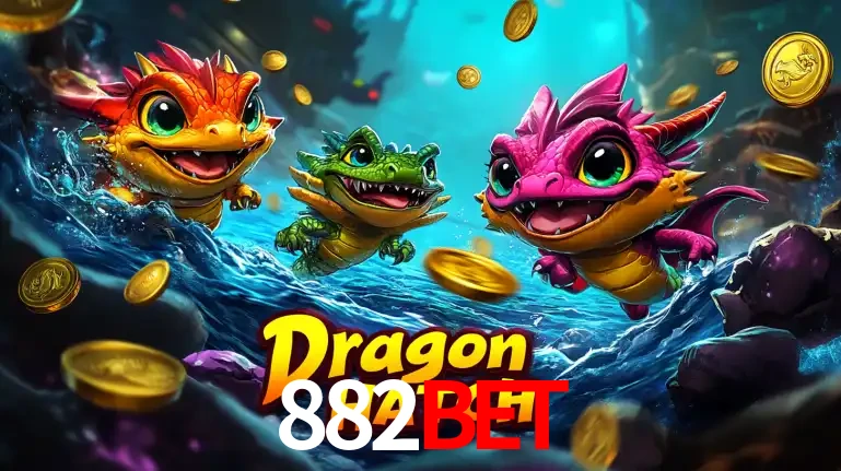 Arte promocional do jogo Dragon Hatch com três adoráveis dragões bebês nadando entre moedas de ouro, um dos slots mais divertidos para jogar no cassino 882BET.