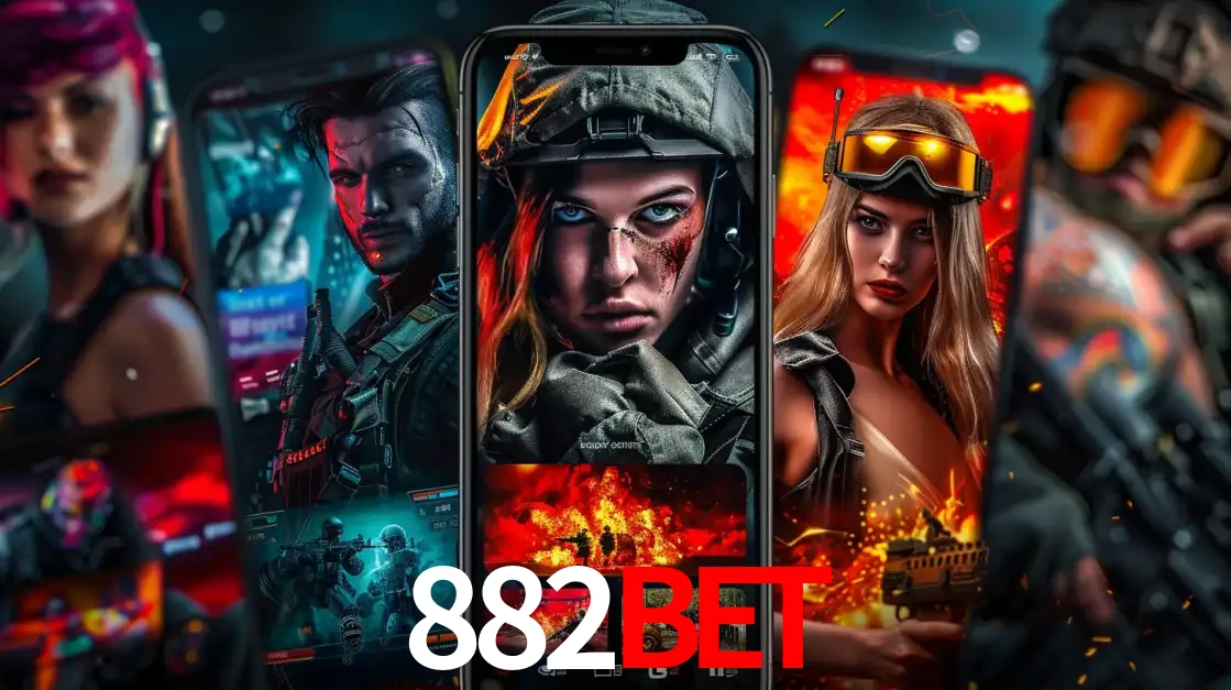 Montagem de telas de celular mostrando diversos personagens, masculinos e femininos, de um jogo de tiro, ilustrando a diversidade de equipes de e-sports para apostar no 882BET.