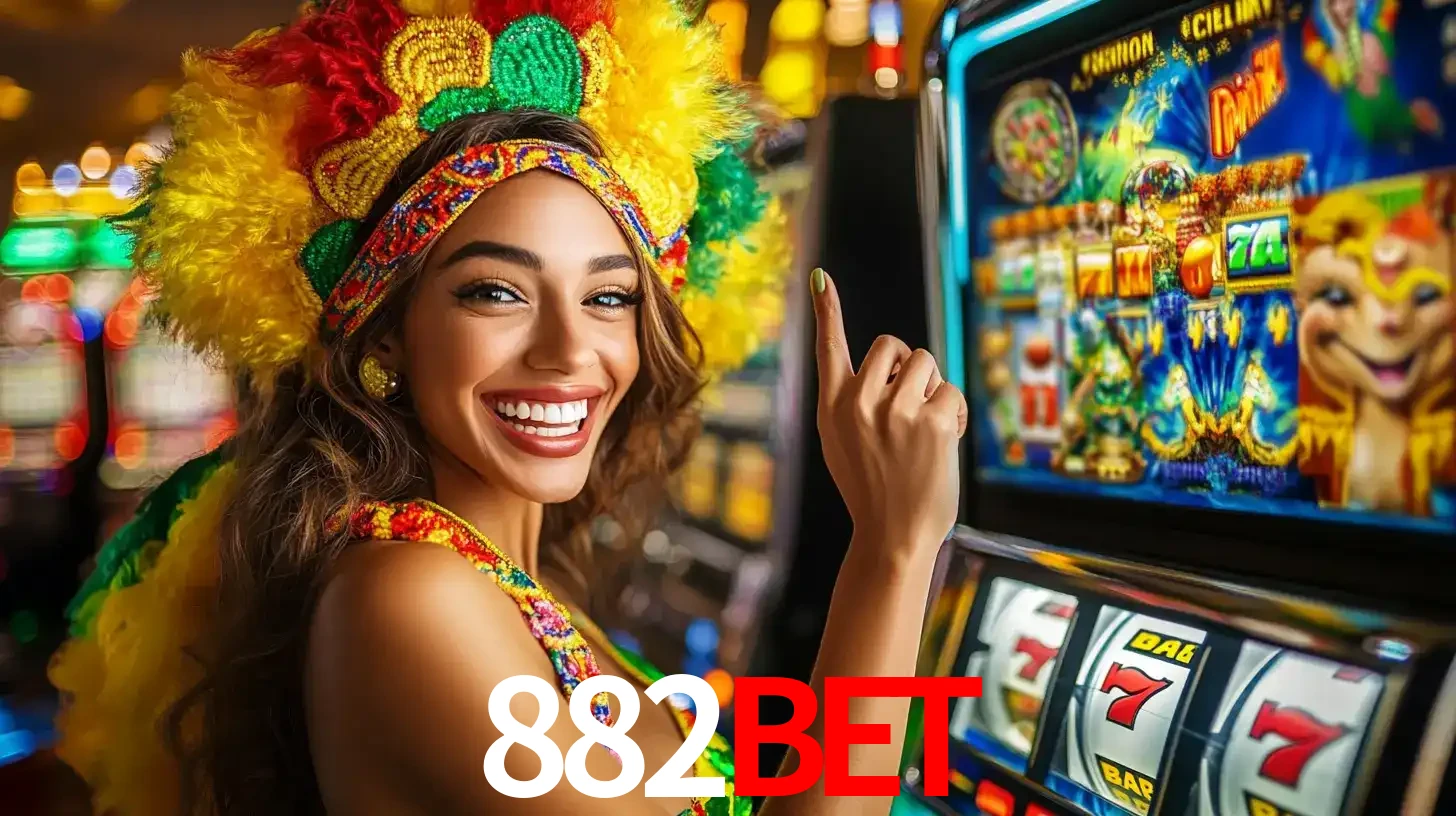 Mulher animada com um cocar de carnaval apontando para uma máquina de caça-níqueis, mostrando a emoção de ganhar um grande prêmio nos jogos do 882BET.
