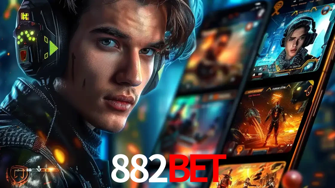 Jovem jogador com fones de ouvido olhando para a câmera, com um aplicativo de jogos e e-sports para celular ao fundo, pronto para a competição e apostas no 882BET.