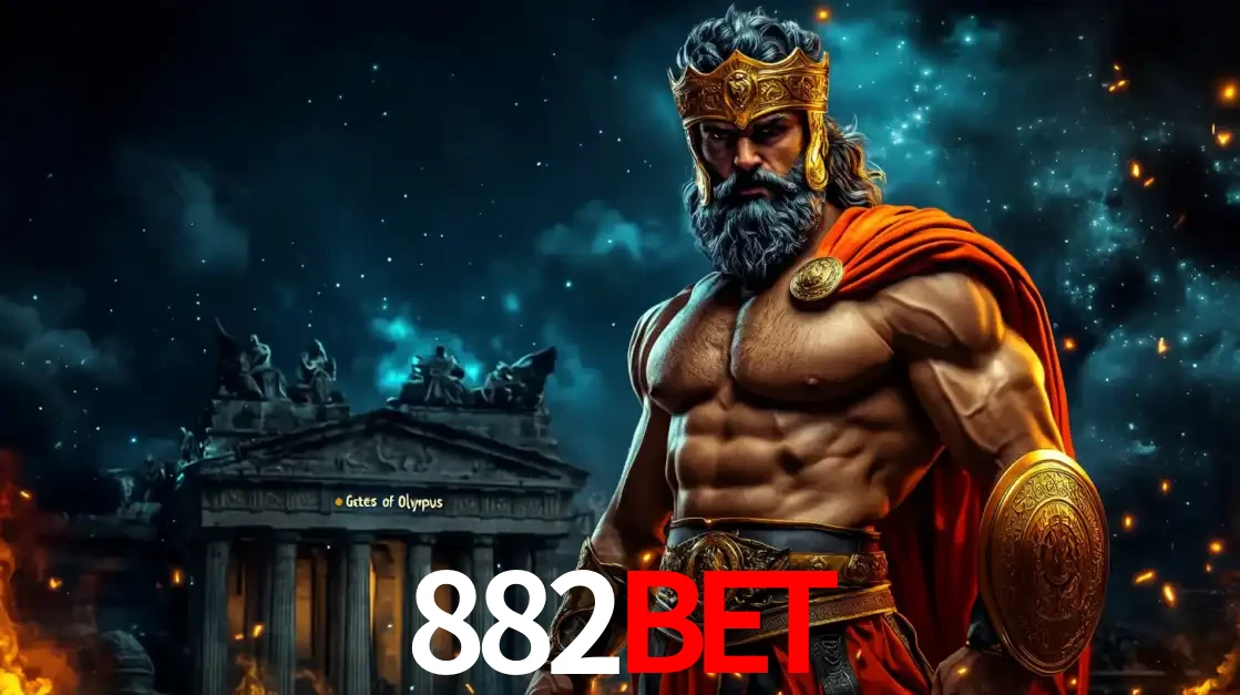 O poderoso Zeus do jogo de slot Gates of Olympus em frente ao seu templo, pronto para lançar multiplicadores divinos e prêmios épicos no cassino online 882BET.