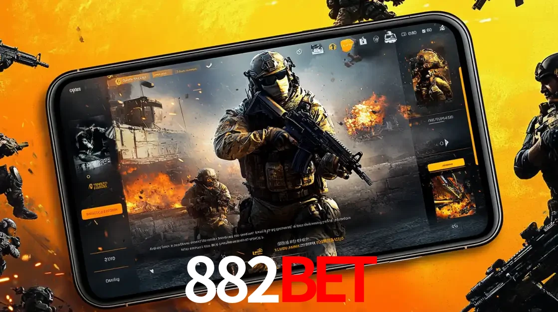 Um smartphone exibindo a interface de um jogo de tiro em primeira pessoa, com um soldado em um cenário de batalha, representando a ação dos e-sports para apostar no 882BET.