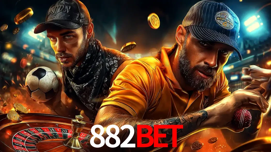 Montagem de apostas esportivas e cassino no 882BET, com um homem segurando uma bola de futebol e outro uma de beisebol sobre uma roleta e moedas voadoras.