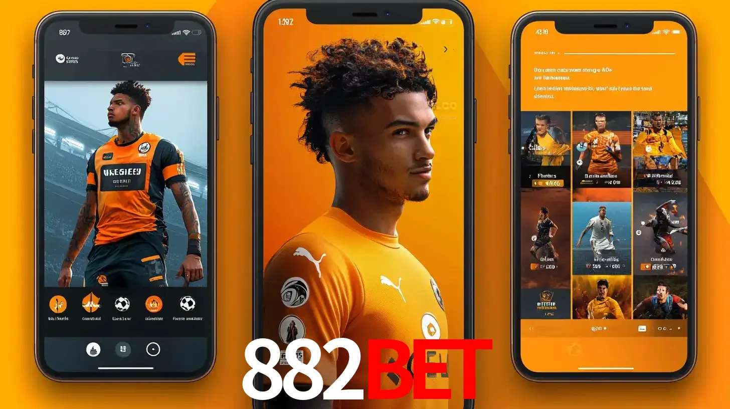 Interface do aplicativo de apostas esportivas 882BET em três telas de celular, mostrando o perfil de um jogador de futebol e a lista de jogos disponíveis para apostar.