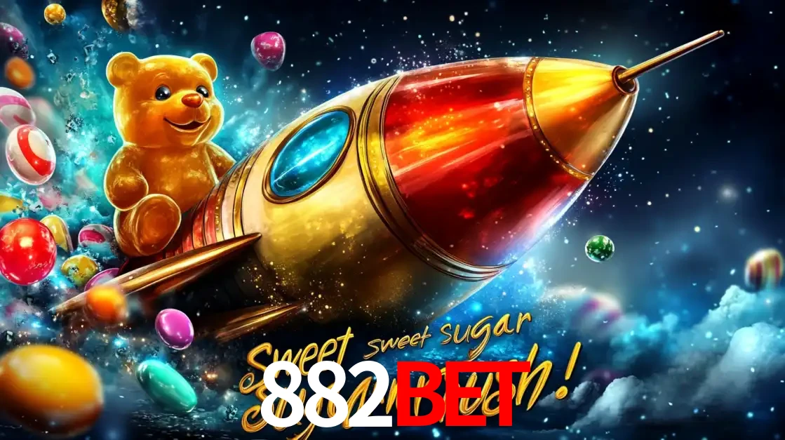Arte promocional do jogo de slot Sugar Rush, com um urso de pelúcia em um foguete viajando pelo espaço de doces, um dos jogos divertidos disponíveis no cassino 882BET.