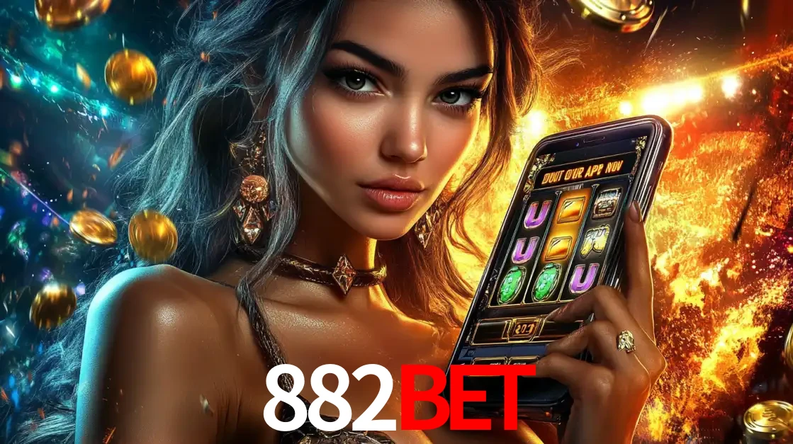 Mulher elegante mostrando um jogo de caça-níqueis em seu smartphone, destacando a experiência de cassino móvel oferecida pelo aplicativo 882BET.