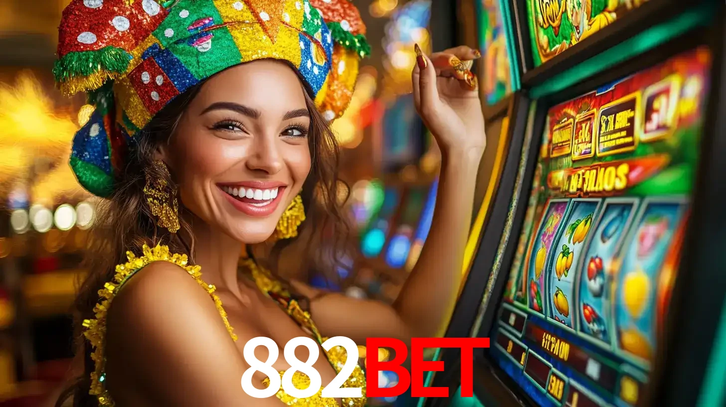 Mulher feliz com traje de carnaval amarelo e colorido ao lado de uma máquina de caça-níqueis, aproveitando a diversão e os jogos temáticos do cassino 882BET.