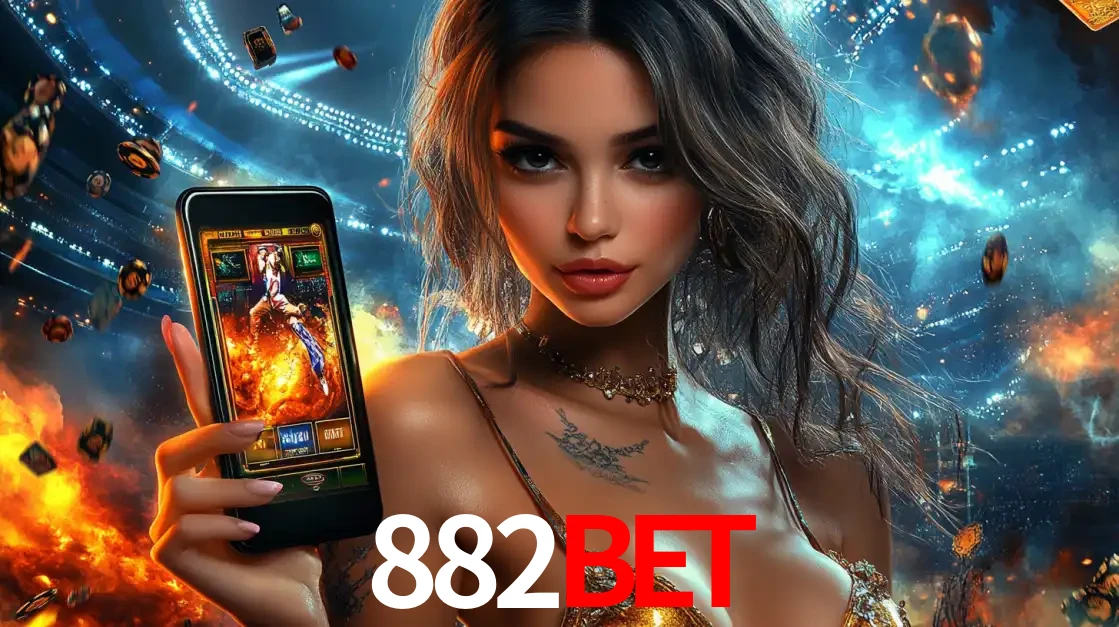 Mulher segurando um celular com um jogo de slot em destaque, tendo como fundo um estádio vibrante, simbolizando a emoção de jogar no cassino móvel 882BET.