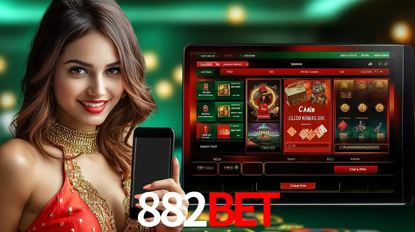 Mulher sorridente segurando um smartphone, ao lado de uma tela exibindo o lobby de jogos do cassino online 882BET, com várias opções de jogos de cartas e slots.